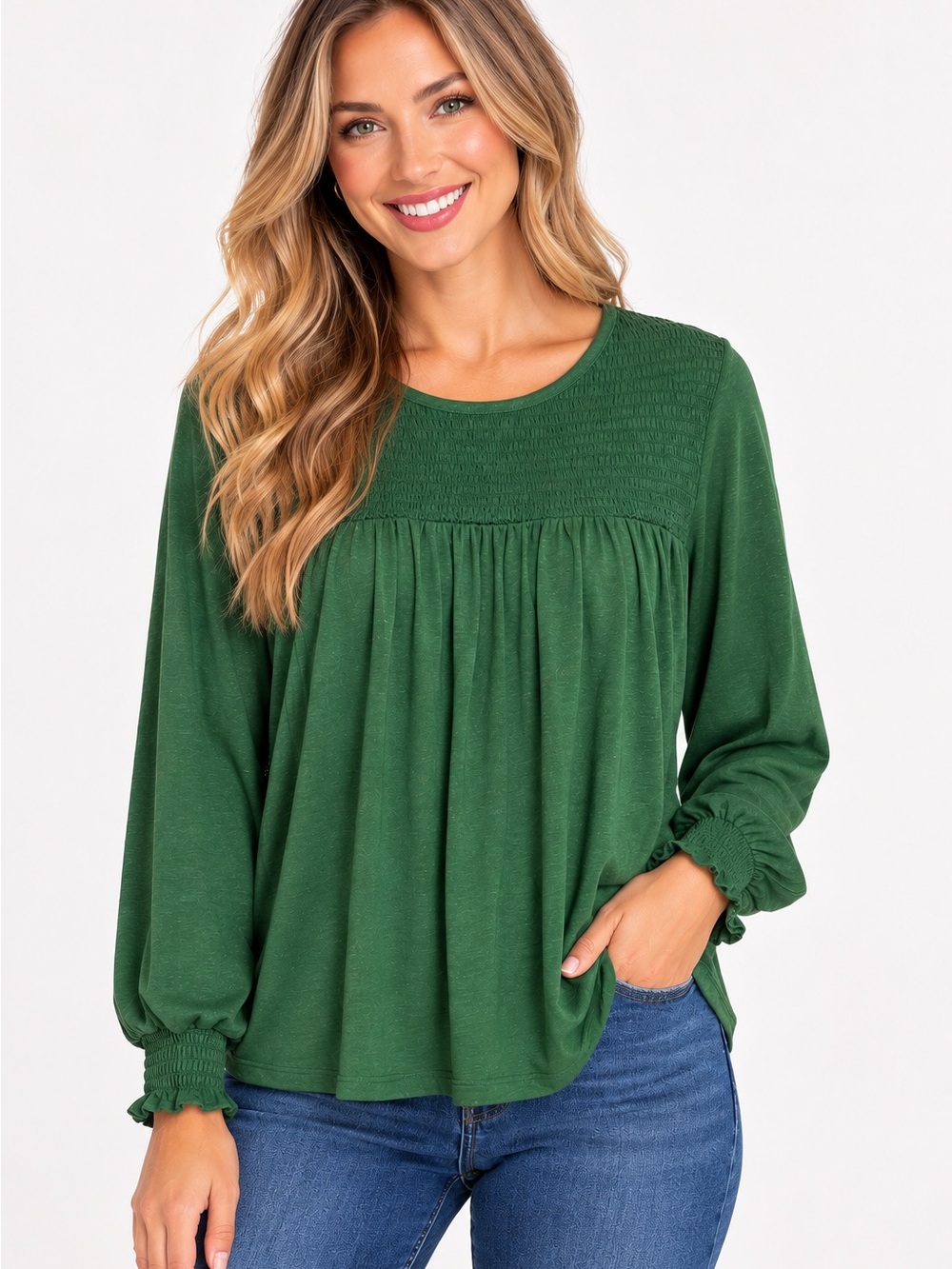 Downeast Eden Jazz Smocked Blouse Top NWT XS Green Gold Speckled